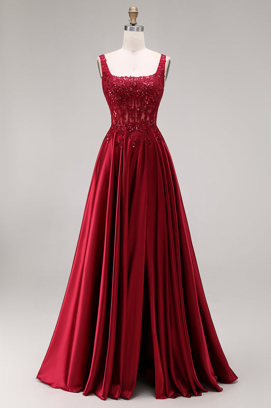 Burgundy Corset Square Neck A Line Floral Long Prom Dress