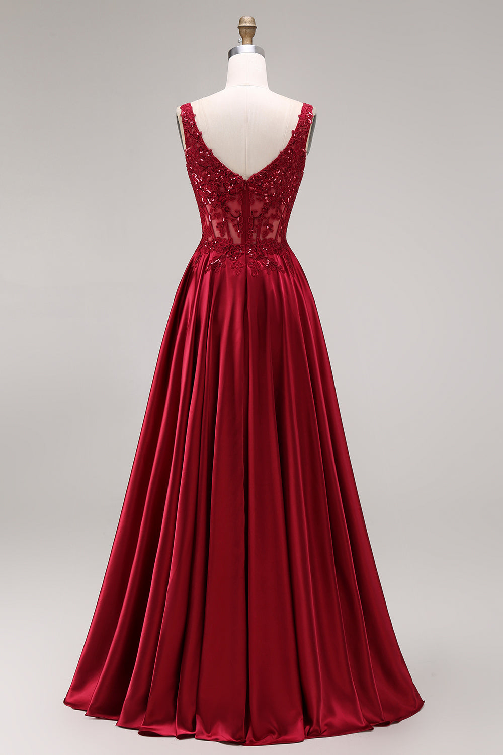 Burgundy Corset Square Neck A Line Floral Long Prom Dress
