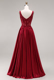 Burgundy Corset Square Neck A Line Floral Long Prom Dress