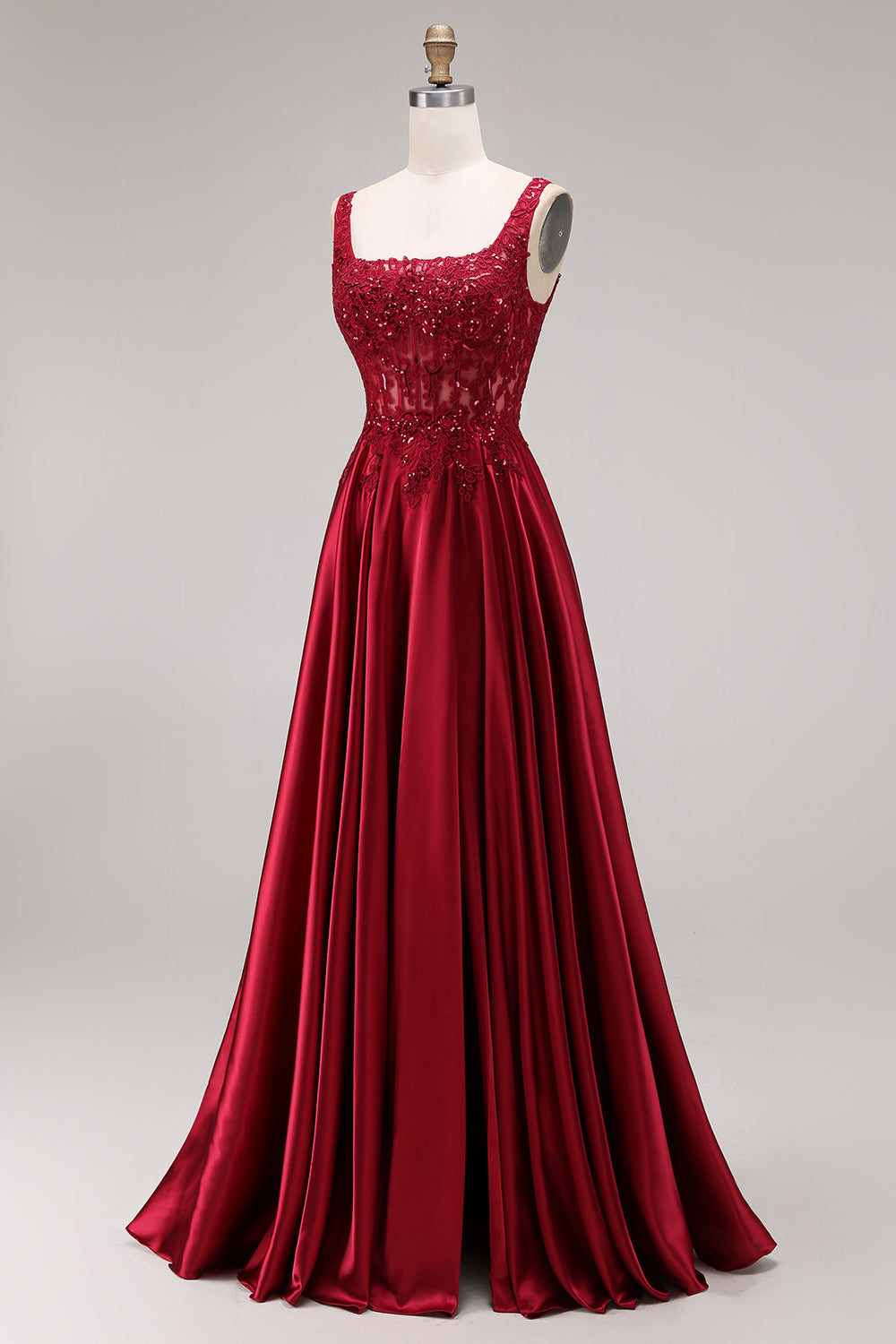 Burgundy Corset Square Neck A Line Floral Long Prom Dress