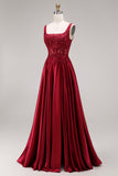 Burgundy Corset Square Neck A Line Floral Long Prom Dress