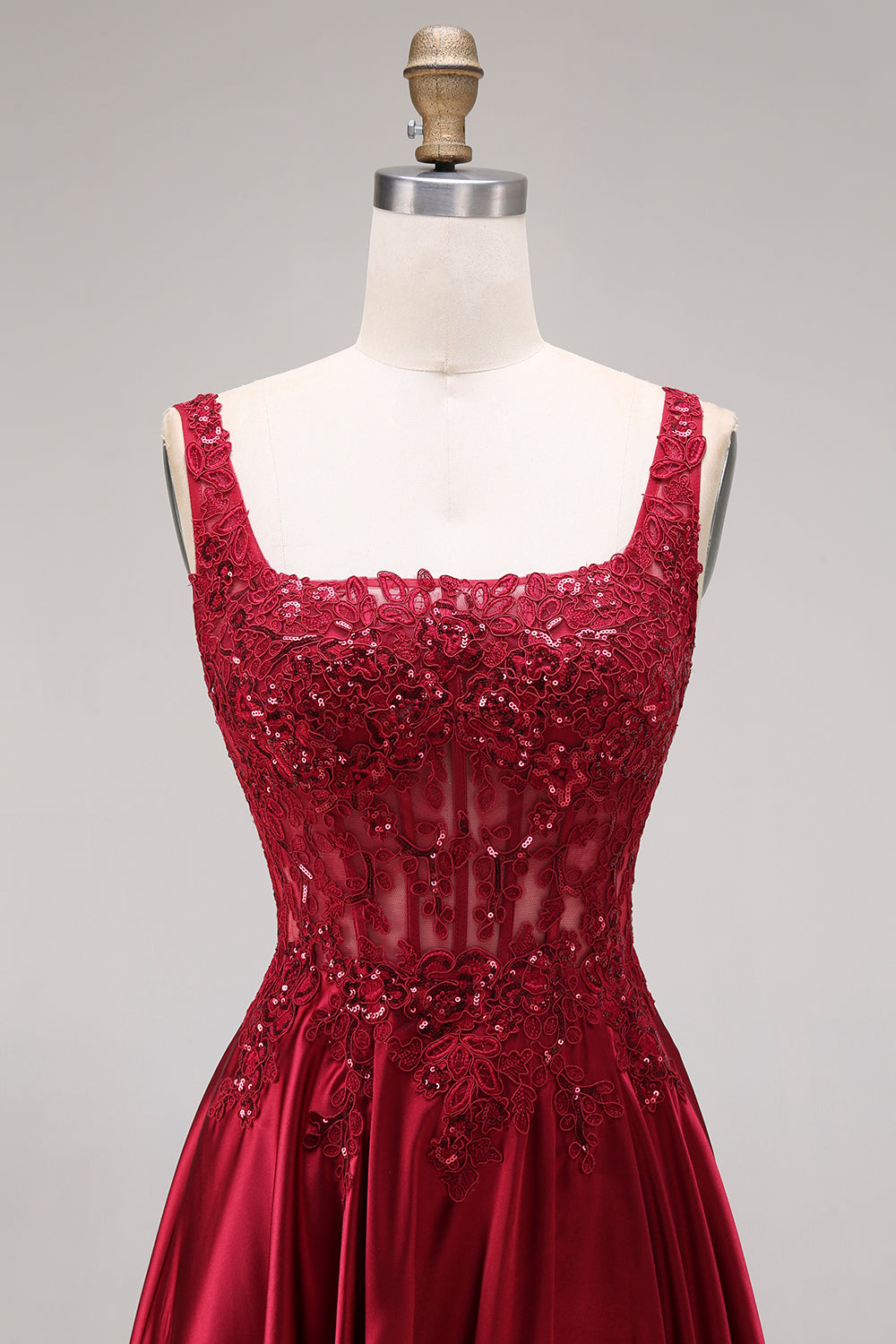 Burgundy Corset Square Neck A Line Floral Long Prom Dress