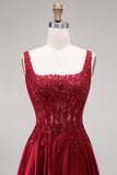 Burgundy Corset Square Neck A Line Floral Long Prom Dress