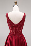 Burgundy Corset Square Neck A Line Floral Long Prom Dress