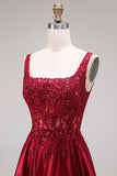 Burgundy Corset Square Neck A Line Floral Long Prom Dress