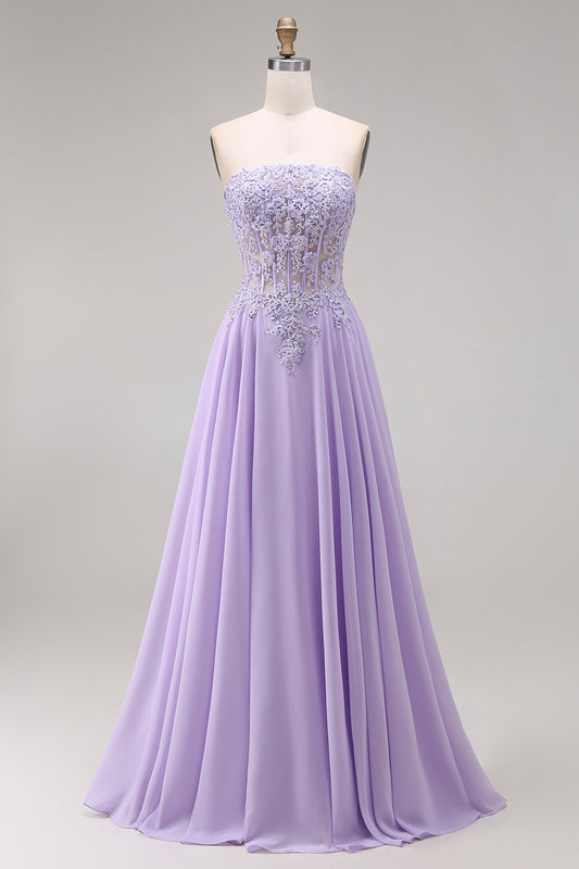 Lilac Corset Appliqued Strapless A Line Floral Long Prom Dress