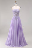 Lilac Corset Appliqued Strapless A Line Floral Long Prom Dress