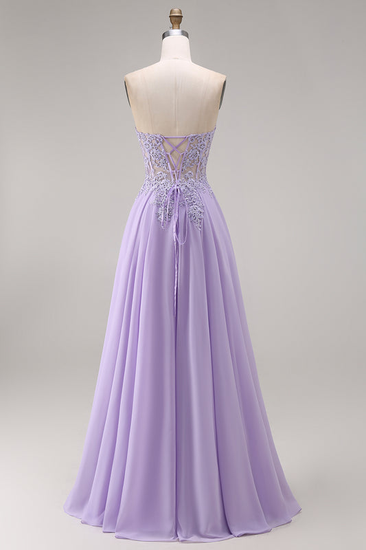 Lilac Corset Appliqued Strapless A Line Floral Long Prom Dress