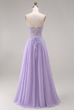 Lilac Corset Appliqued Strapless A Line Floral Long Prom Dress