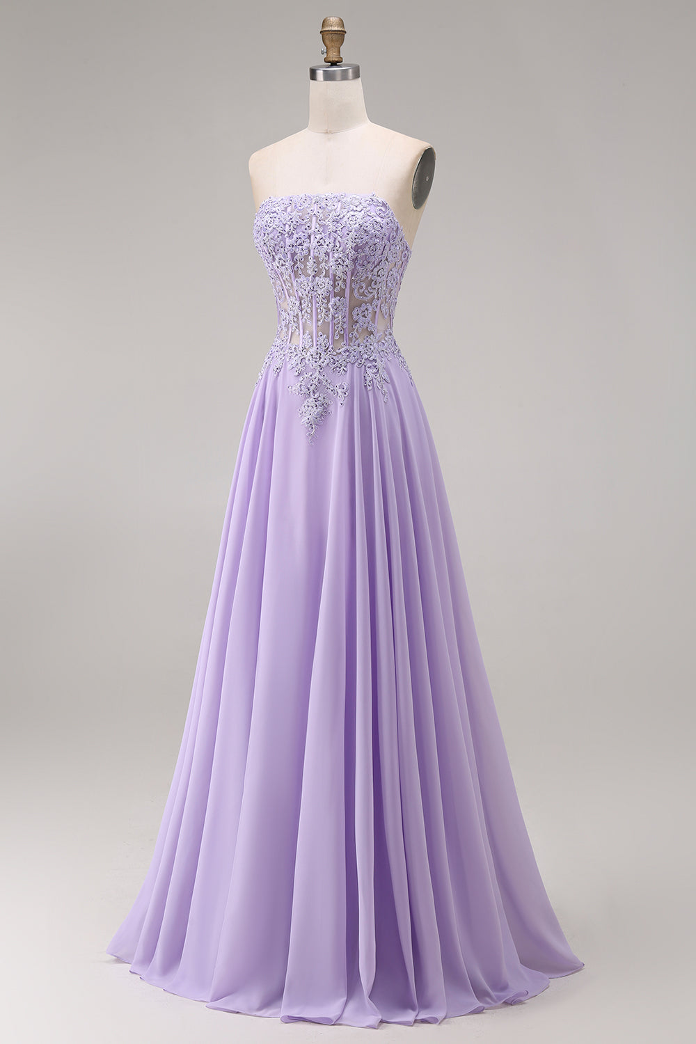 Lilac Corset Appliqued Strapless A Line Floral Long Prom Dress