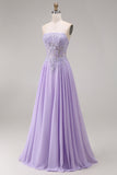 Lilac Corset Appliqued Strapless A Line Floral Long Prom Dress