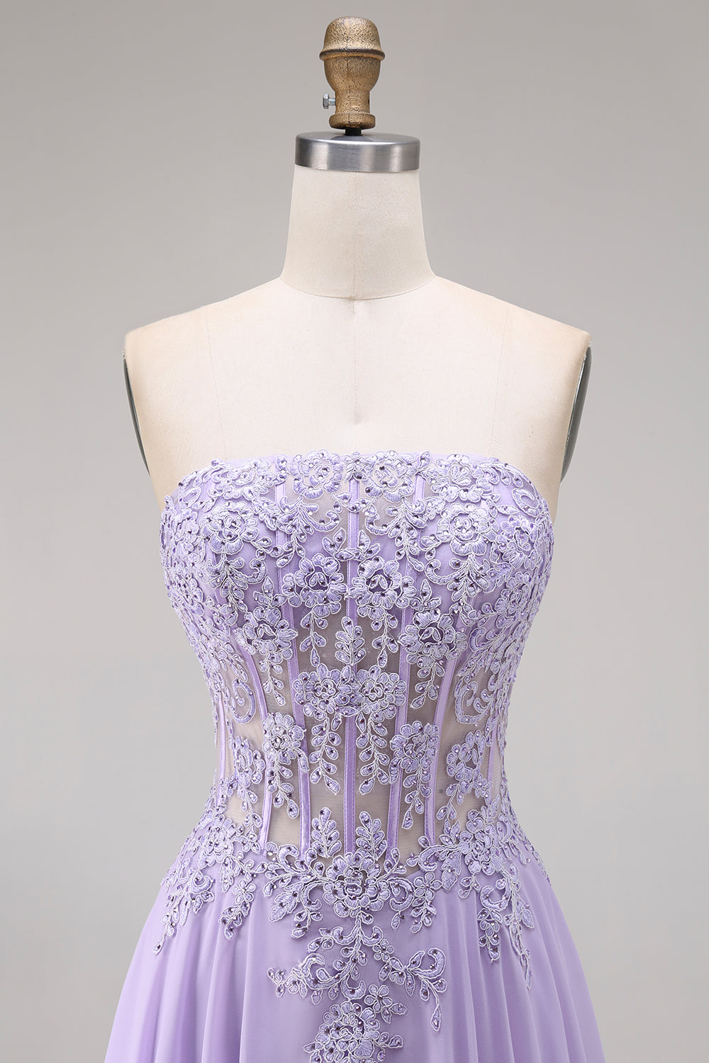 Lilac Corset Appliqued Strapless A Line Floral Long Prom Dress