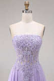 Lilac Corset Appliqued Strapless A Line Floral Long Prom Dress