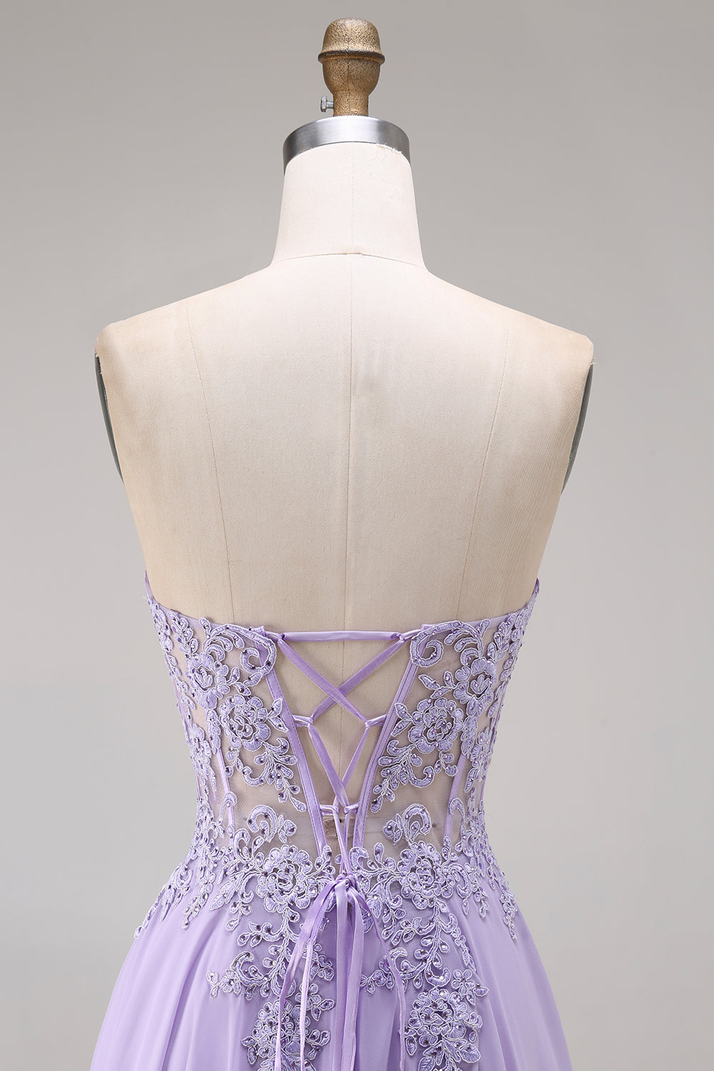 Lilac Corset Appliqued Strapless A Line Floral Long Prom Dress