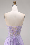 Lilac Corset Appliqued Strapless A Line Floral Long Prom Dress