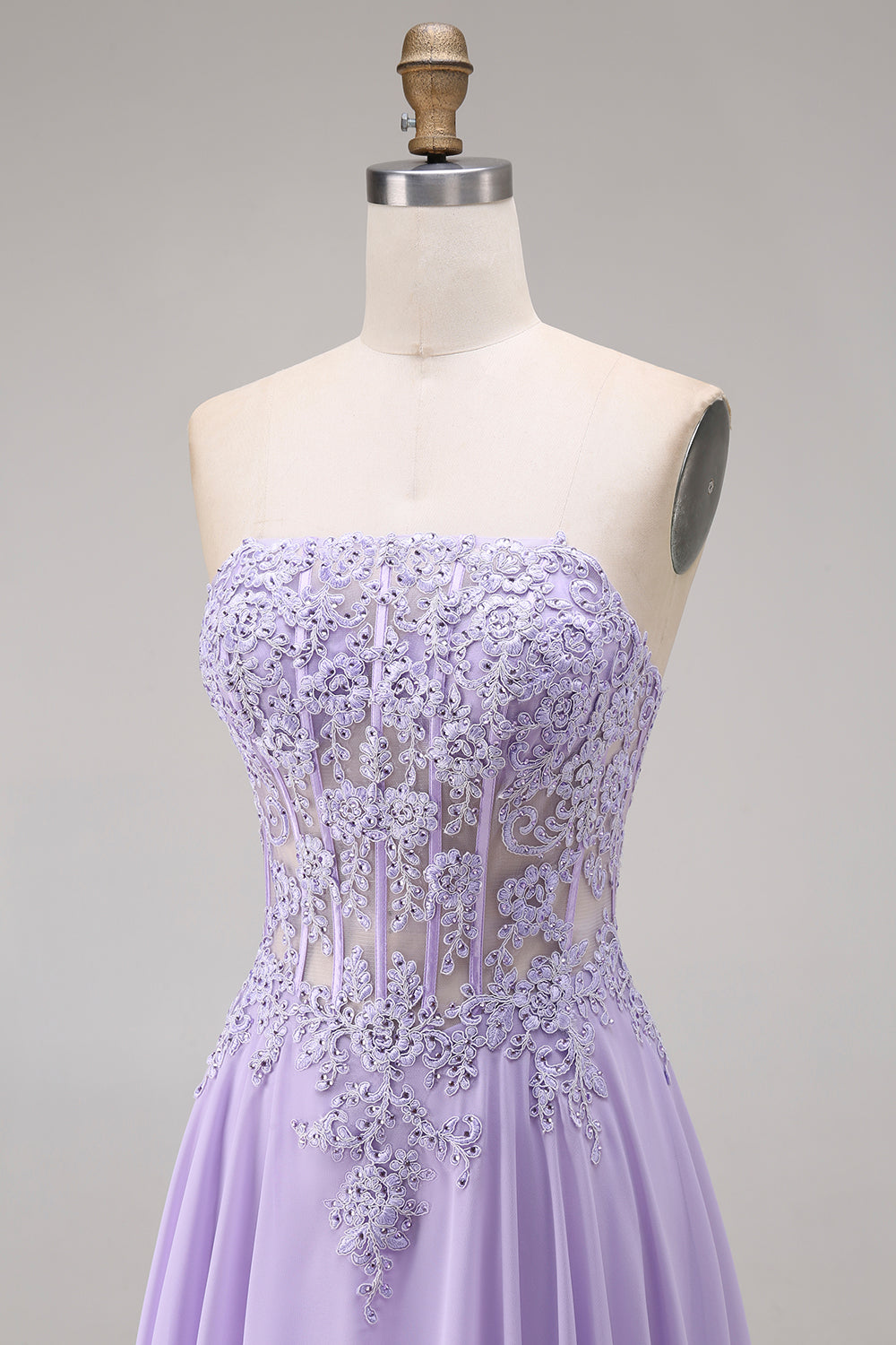 Lilac Corset Appliqued Strapless A Line Floral Long Prom Dress