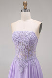 Lilac Corset Appliqued Strapless A Line Floral Long Prom Dress