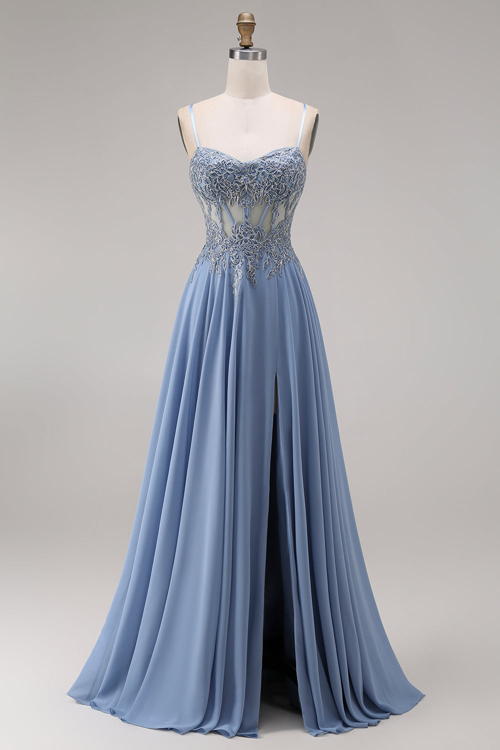 Sparkly Steel Blue Corset Appliqued A Line Floral Long Prom Dress with Slit