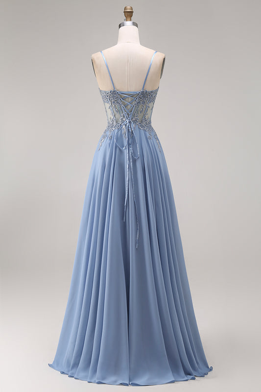 Sparkly Steel Blue Corset Appliqued A Line Floral Long Prom Dress with Slit