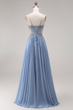 Sparkly Steel Blue Corset Appliqued A Line Floral Long Prom Dress with Slit