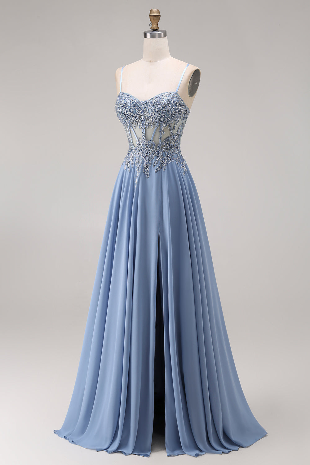 Sparkly Steel Blue Corset Appliqued A Line Floral Long Prom Dress with Slit