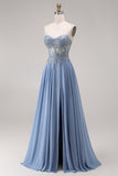 Sparkly Steel Blue Corset Appliqued A Line Floral Long Prom Dress with Slit
