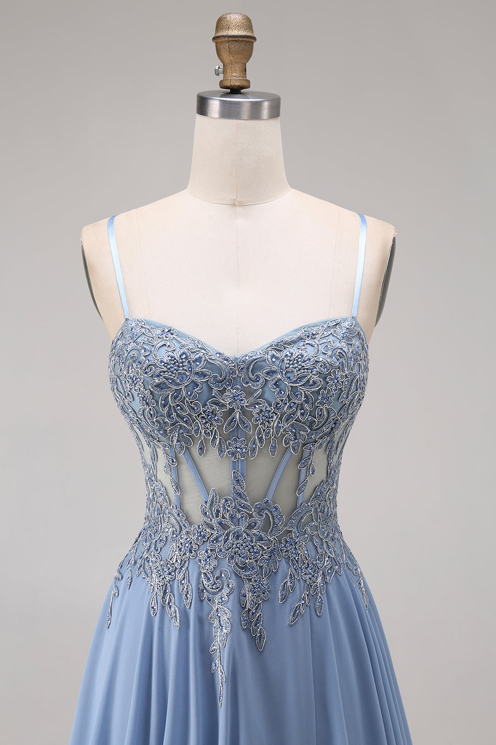 Sparkly Steel Blue Corset Appliqued A Line Floral Long Prom Dress with Slit