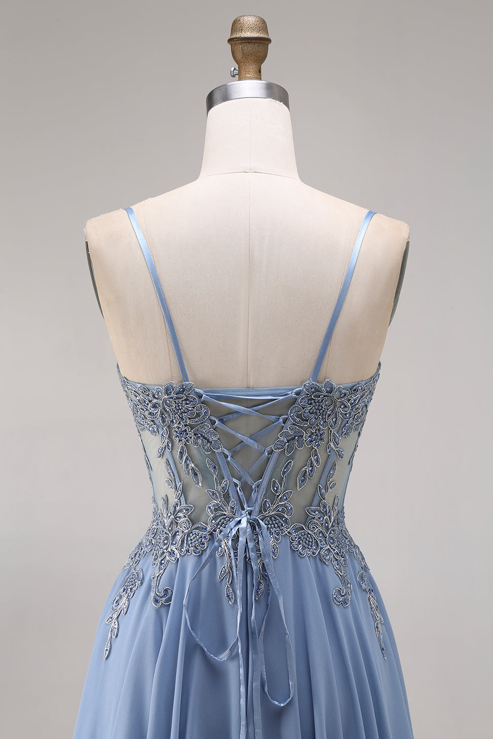 Sparkly Steel Blue Corset Appliqued A Line Floral Long Prom Dress with Slit