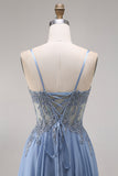Sparkly Steel Blue Corset Appliqued A Line Floral Long Prom Dress with Slit