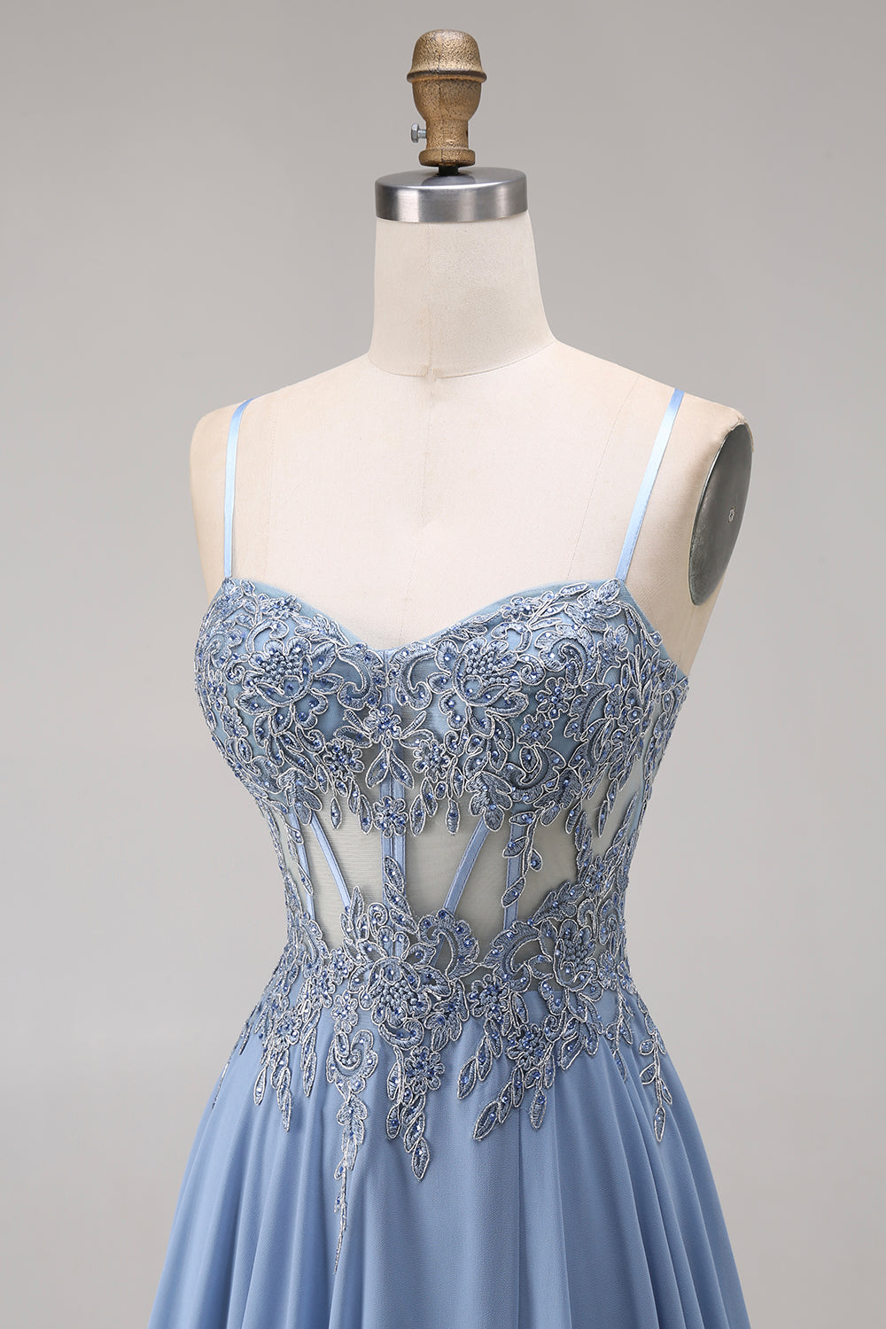 Sparkly Steel Blue Corset Appliqued A Line Floral Long Prom Dress with Slit