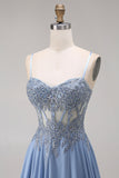 Sparkly Steel Blue Corset Appliqued A Line Floral Long Prom Dress with Slit
