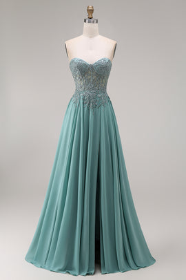 A Line Eucalyptus Corset Appliqued Floral Long Prom Dress with Slit