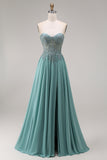 A Line Eucalyptus Corset Appliqued Floral Long Prom Dress with Slit