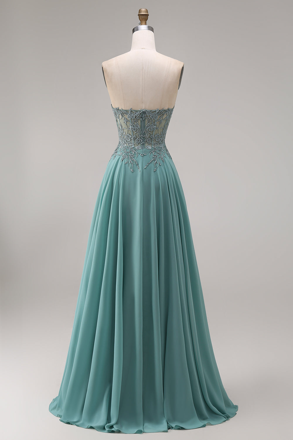 A Line Eucalyptus Corset Appliqued Floral Long Prom Dress with Slit