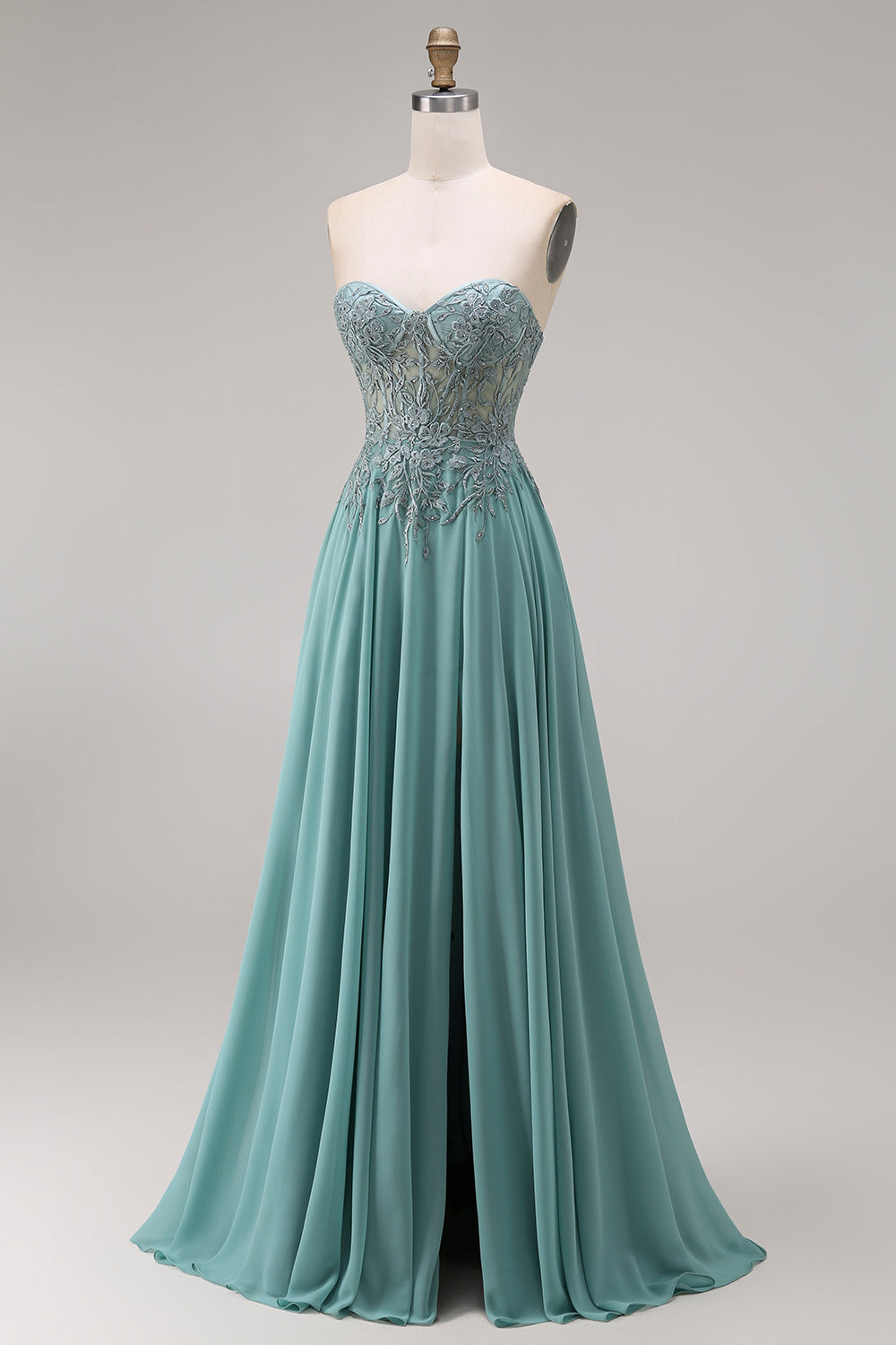 A Line Eucalyptus Corset Appliqued Floral Long Prom Dress with Slit