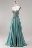 A Line Eucalyptus Corset Appliqued Floral Long Prom Dress with Slit