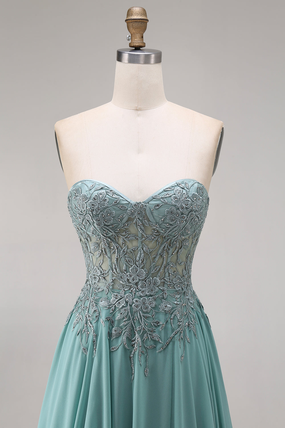 A Line Eucalyptus Corset Appliqued Floral Long Prom Dress with Slit