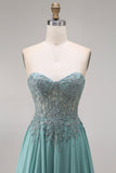 A Line Eucalyptus Corset Appliqued Floral Long Prom Dress with Slit