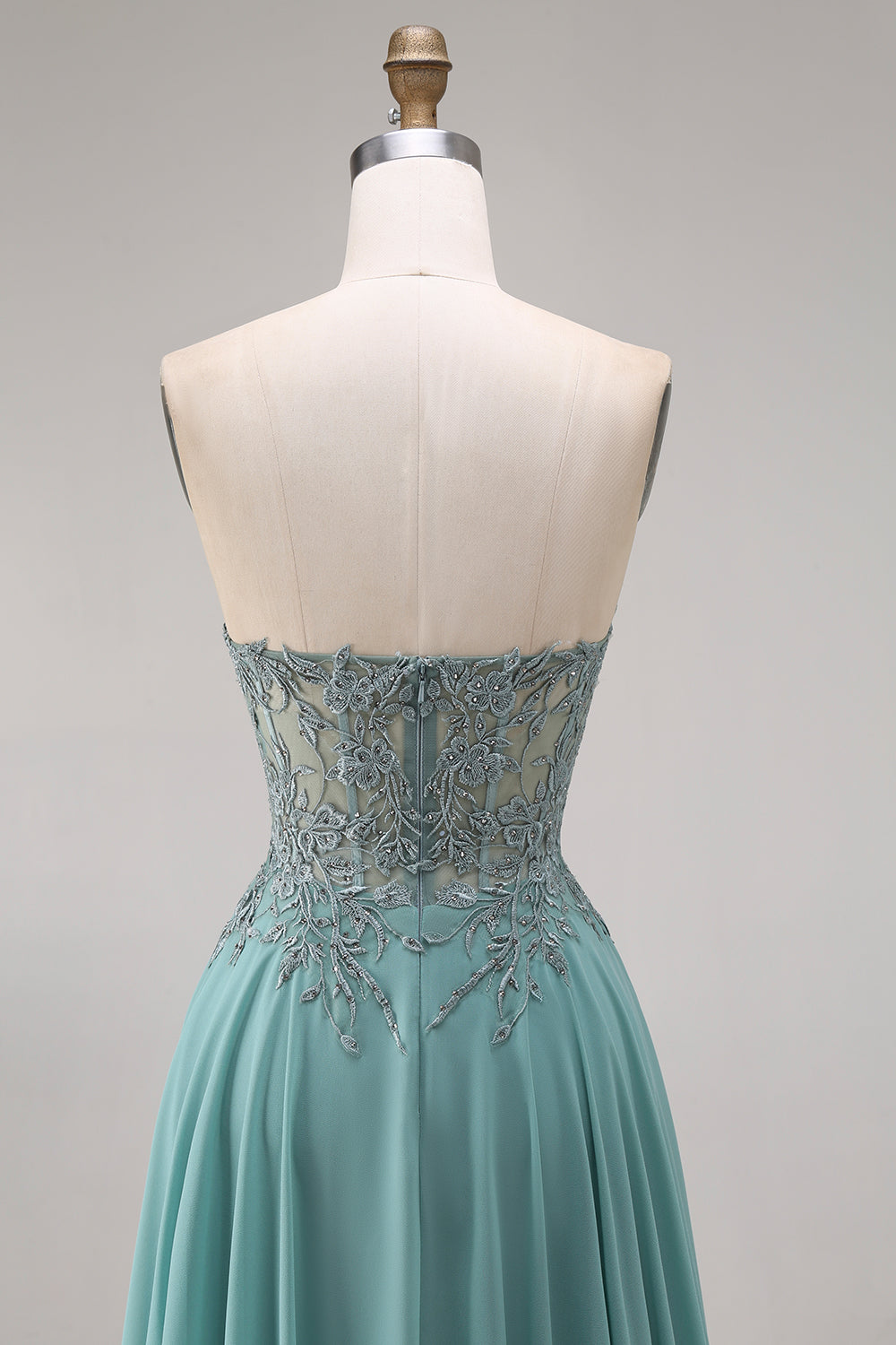 A Line Eucalyptus Corset Appliqued Floral Long Prom Dress with Slit