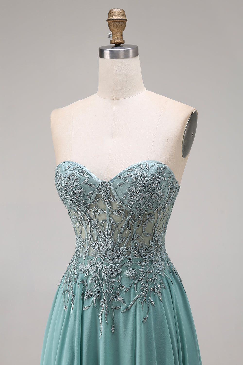 A Line Eucalyptus Corset Appliqued Floral Long Prom Dress with Slit