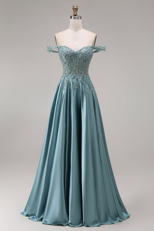 Agave A Line Corset Appliqued Floral Long Prom Dress