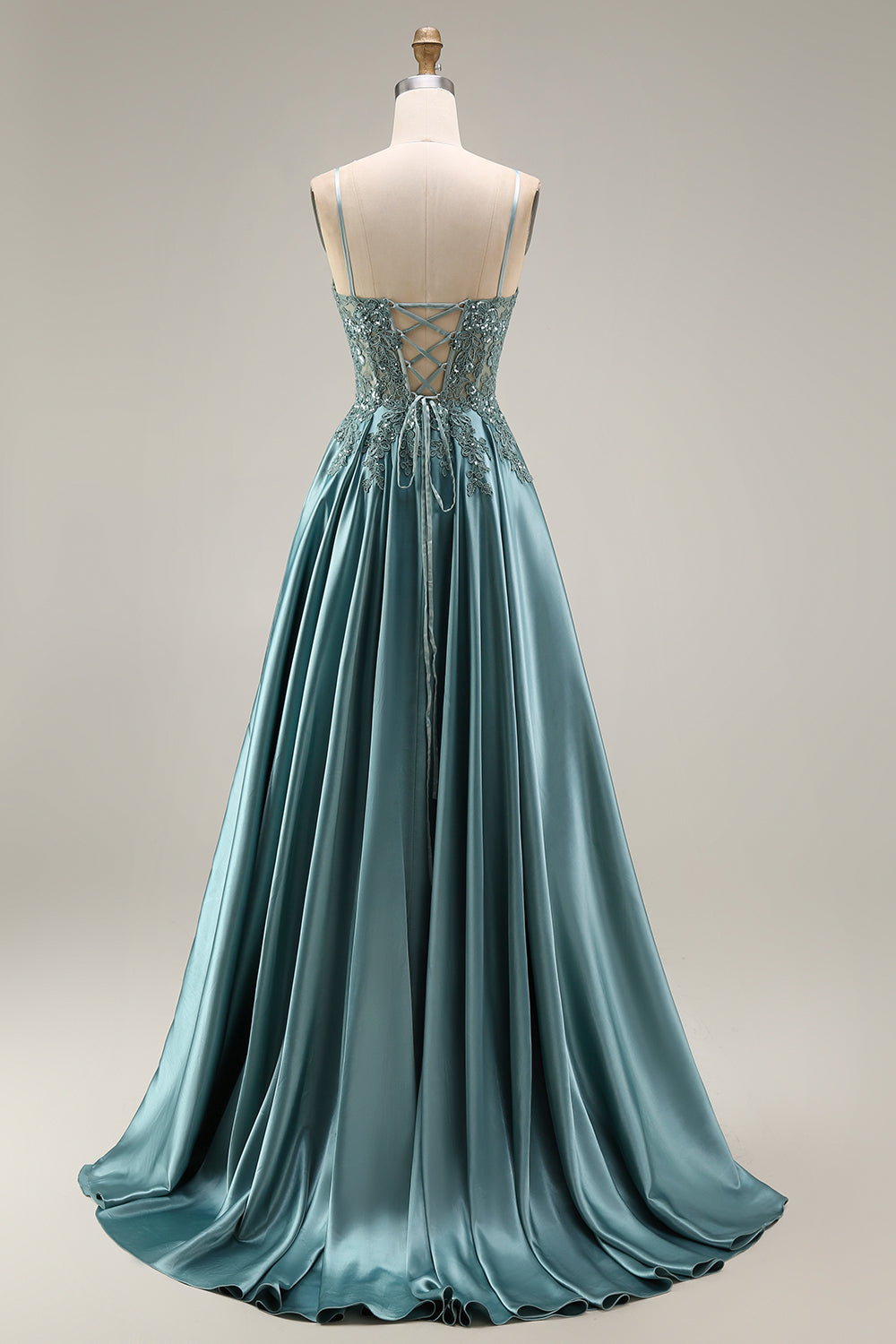 Spaghetti Straps Corset Agave A Line Appliqued Floral Long Prom Dress