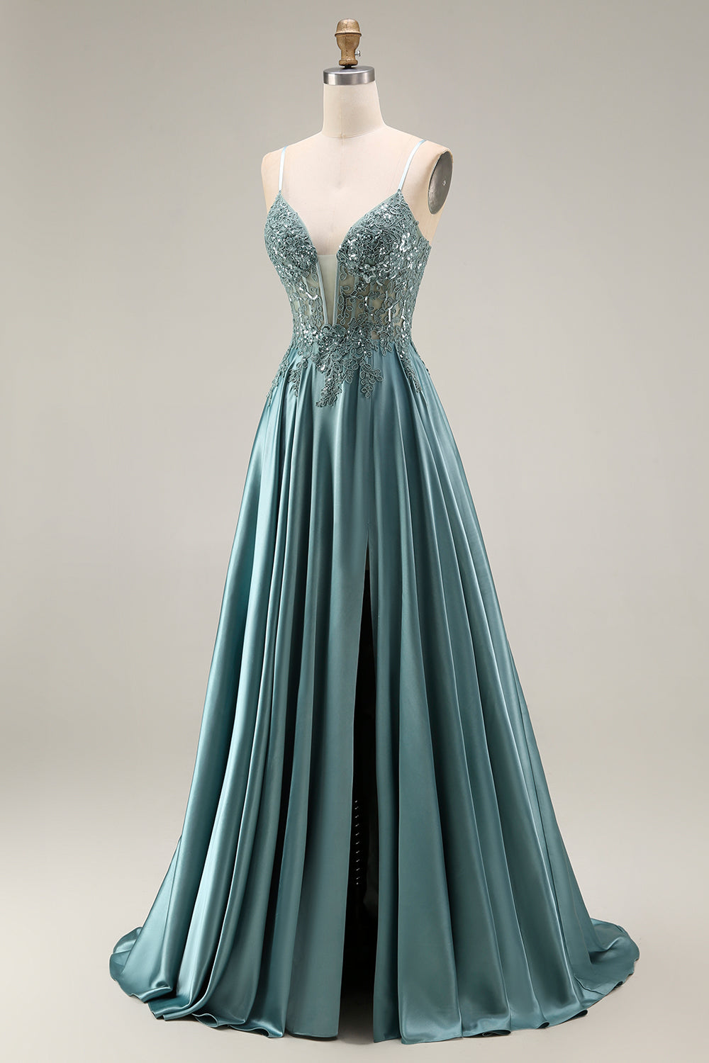 Spaghetti Straps Corset Agave A Line Appliqued Floral Long Prom Dress