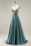 Spaghetti Straps Corset Agave A Line Appliqued Floral Long Prom Dress