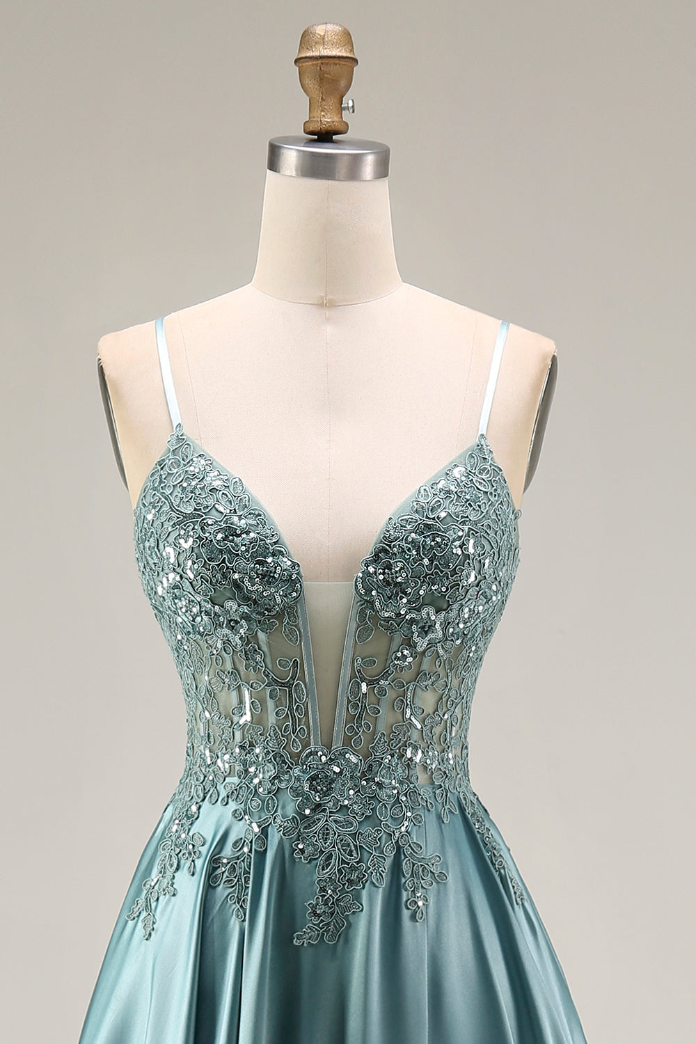 Spaghetti Straps Corset Agave A Line Appliqued Floral Long Prom Dress
