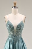Spaghetti Straps Corset Agave A Line Appliqued Floral Long Prom Dress