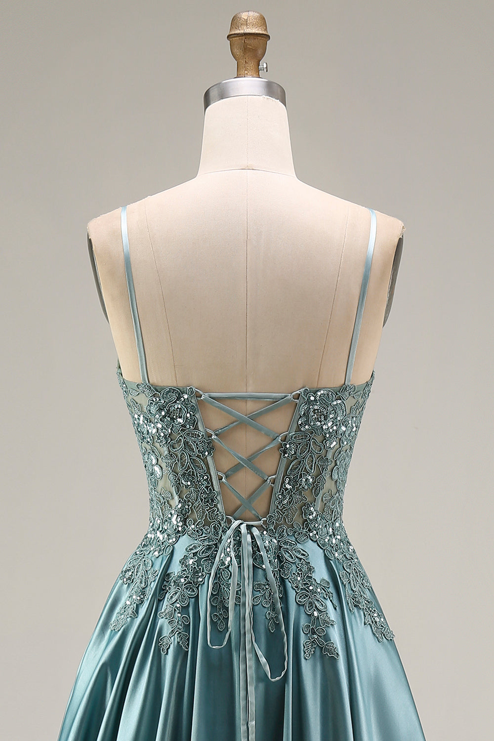 Spaghetti Straps Corset Agave A Line Appliqued Floral Long Prom Dress