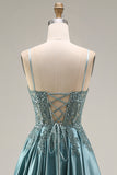 Spaghetti Straps Corset Agave A Line Appliqued Floral Long Prom Dress