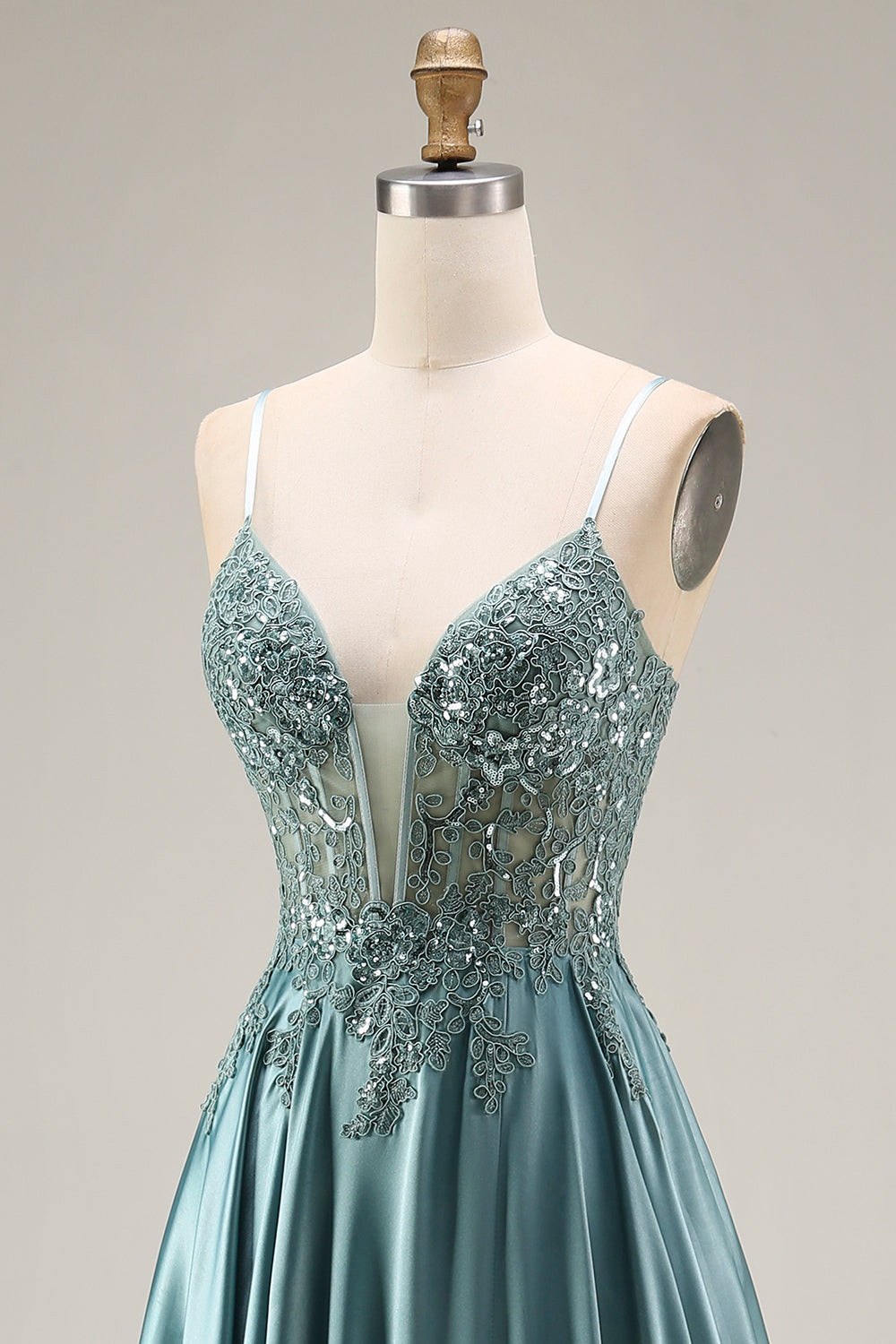 Spaghetti Straps Corset Agave A Line Appliqued Floral Long Prom Dress