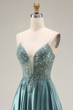 Spaghetti Straps Corset Agave A Line Appliqued Floral Long Prom Dress